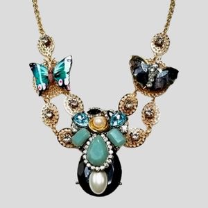 Hand Crafted Repurposed Vintage Collage Rhinestone Gold Tone Butterfly Necklace